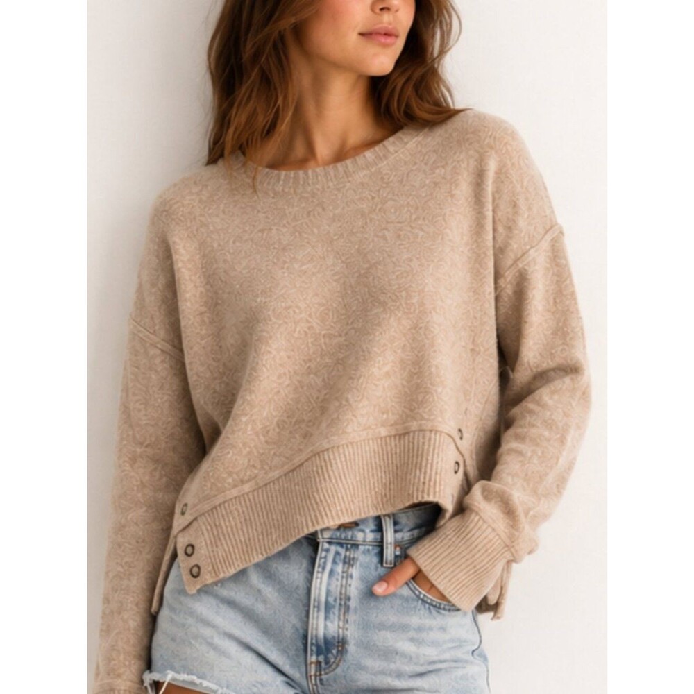 Sophie Rue Beige Minimalist Knit Sweater Size Medium Soft Pullover Side detail